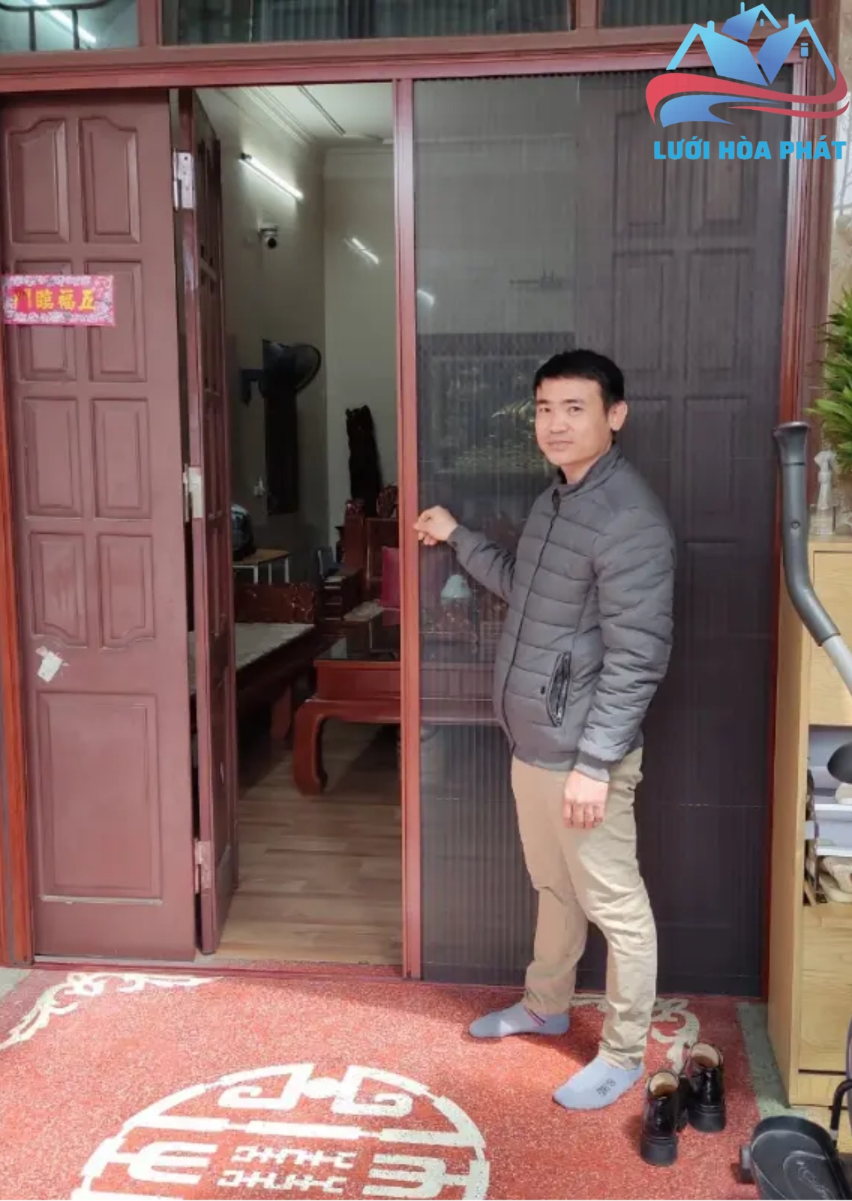 Cửa lưới chống muỗi màu vân gỗ dạng xếp 2 cánh DX 07